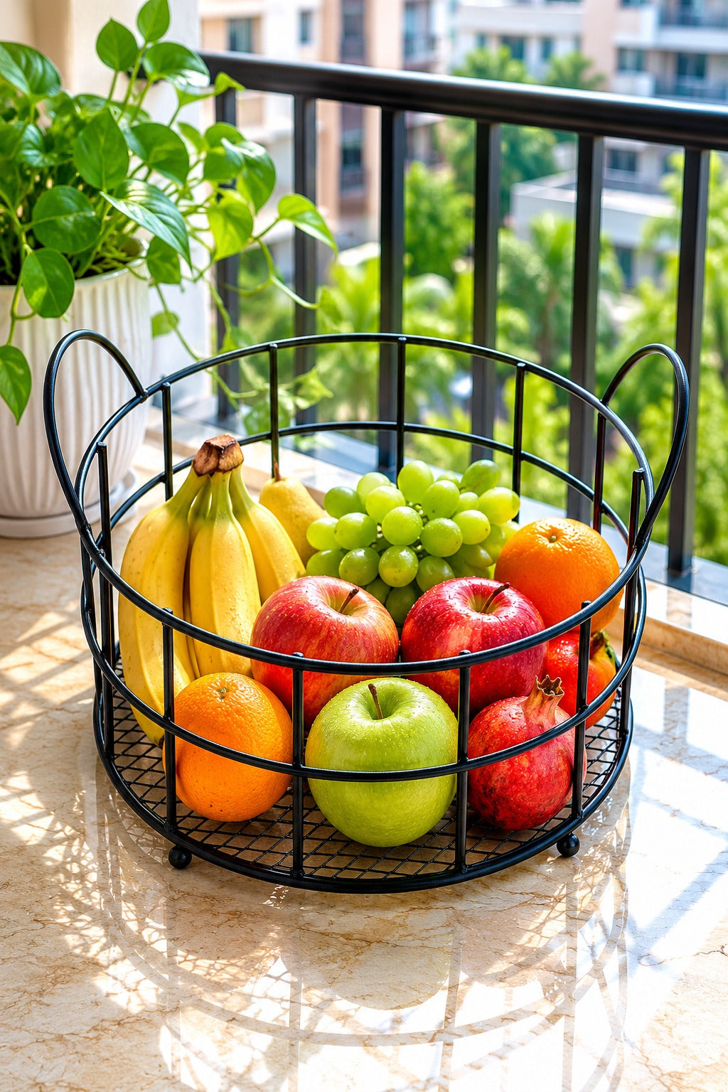 Premium Round Metal Fruit Basket with Handles | Multipurpose Wire Storage Basket for Fruits, Vegetables, Snacks & Kitchen Organizer | Decorative Countertop Basket for Home, Dining & Office