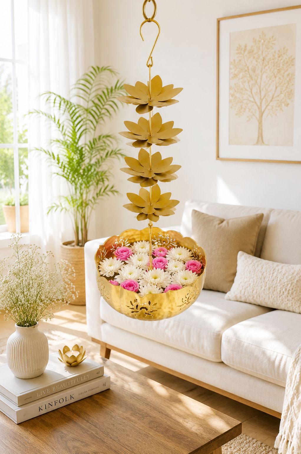Premium Hanging Lotus Urli Bowl | Decorative Metal Hanging Flower Urli for Floating Flowers, Water & Candles | Traditional Hanging Urli for Diwali, Pooja, Wedding & Home Decoration