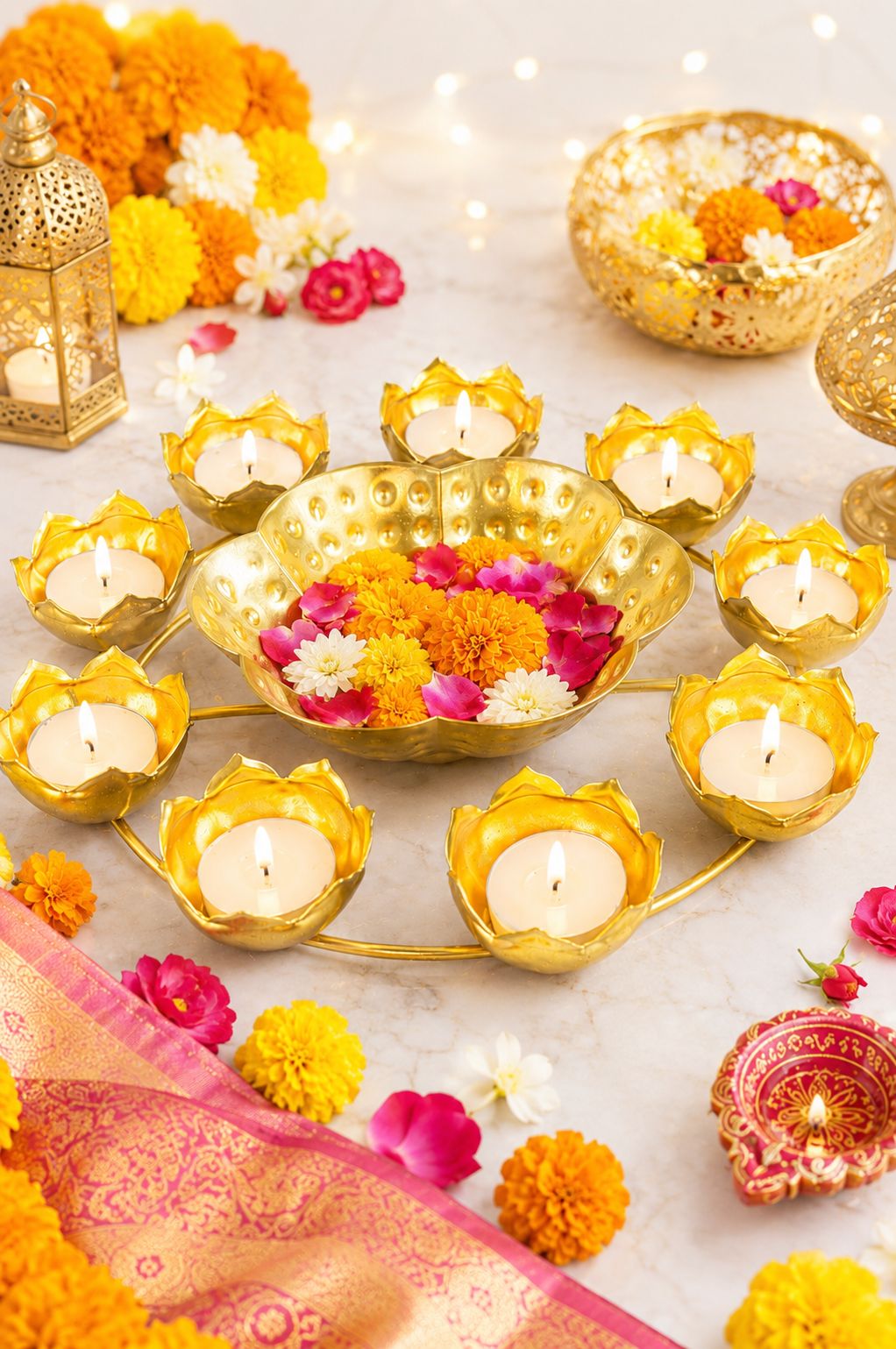 Premium Lotus Urli Bowl with 8 Tea Light Holders | Hammered Metal Decorative Floating Flower Bowl | Gold Finish Centerpiece for Diwali, Pooja, Weddings, Festivals, Home Décor & Gifting