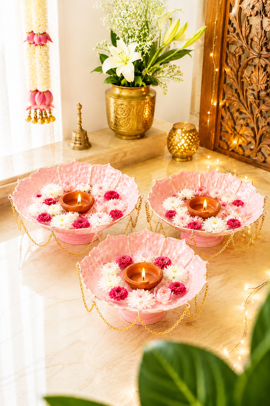 Premium Pink Lotus Urli Bowl Set of 3 with Decorative Chain | Handcrafted Metal Floating Flower Bowls for Water, Candles & Tea Lights | Decorative Urli for Diwali, Wedding, Pooja & Home Décor