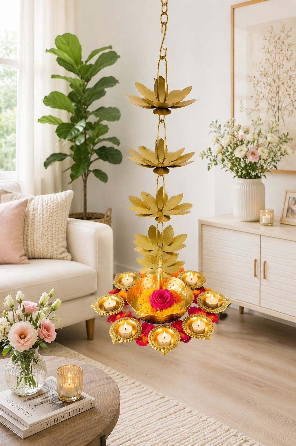Premium Hanging Lotus Urli with 9 Diya Holders | Decorative Metal Hanging Urli for Floating Flowers, Candles & Water Décor | Traditional Hanging Diya Urli for Diwali, Pooja, Wedding & Home Decoration