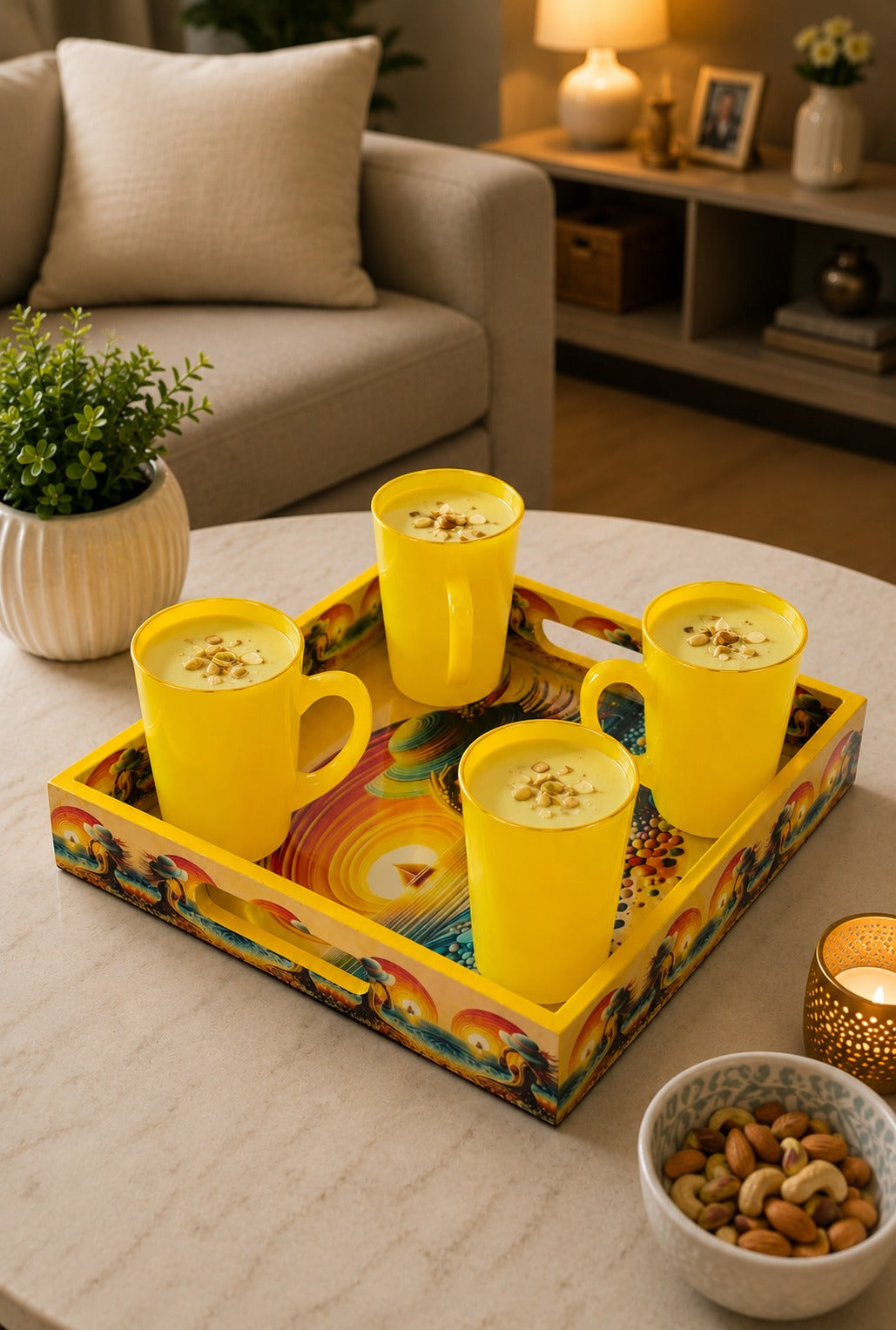 Set of 4 Yellow Glass Coffee Mugs with Designer Serving Tray | Premium Tea Coffee Cup Set | Decorative Serving Set for Home Kitchen & Gifting