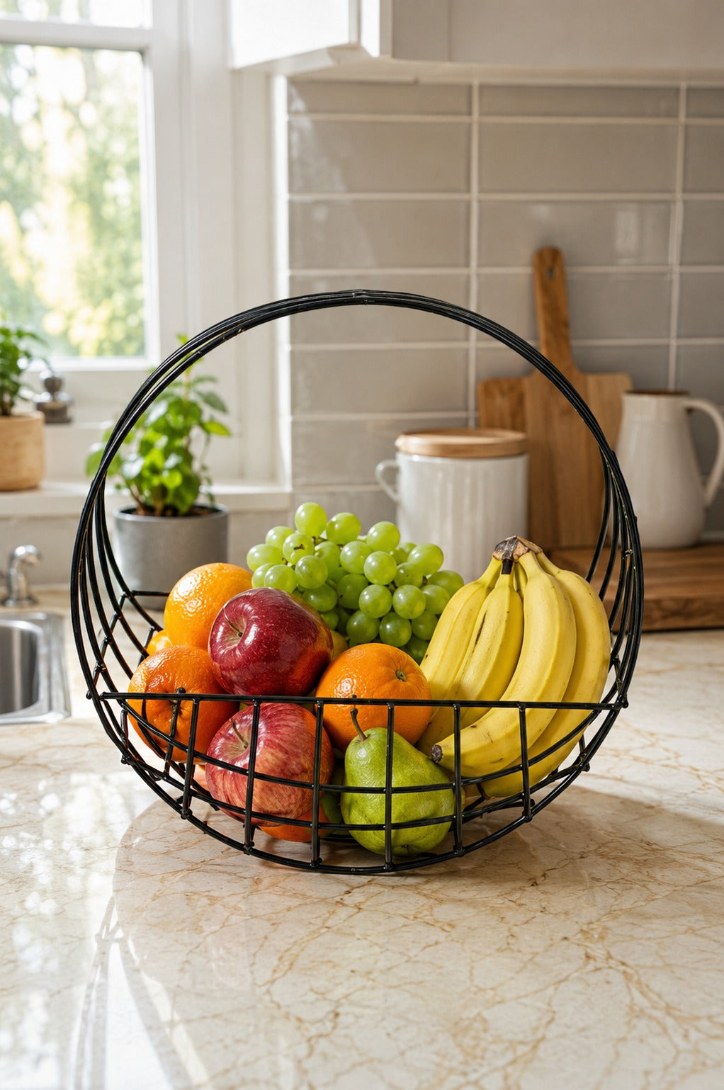 Modern Metal Fruit Basket with Arch Handle | Semi Round Wire Storage Basket | Kitchen & Dining Organizer