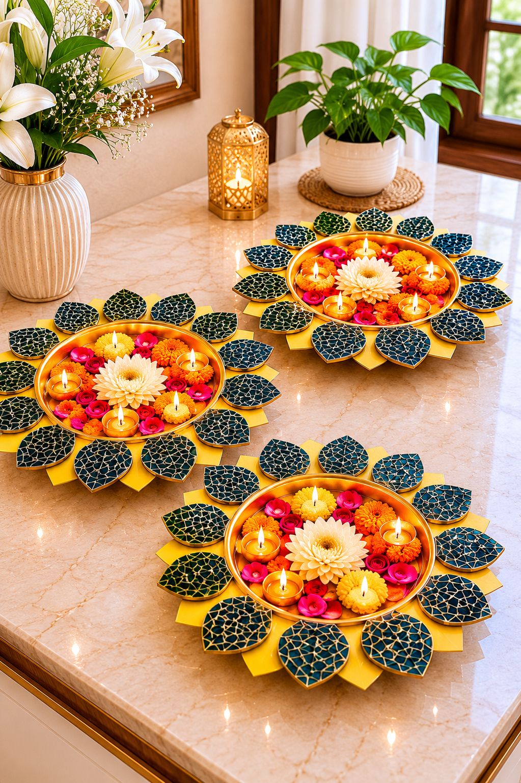 Premium Set of 3 Decorative Metal Urli Bowls with Mosaic Glass Petals | Floating Flower Bowl for Candles, Water Décor & Rangoli | Decorative Urli for Diwali, Pooja, Wedding, Festivals & Home Decoration