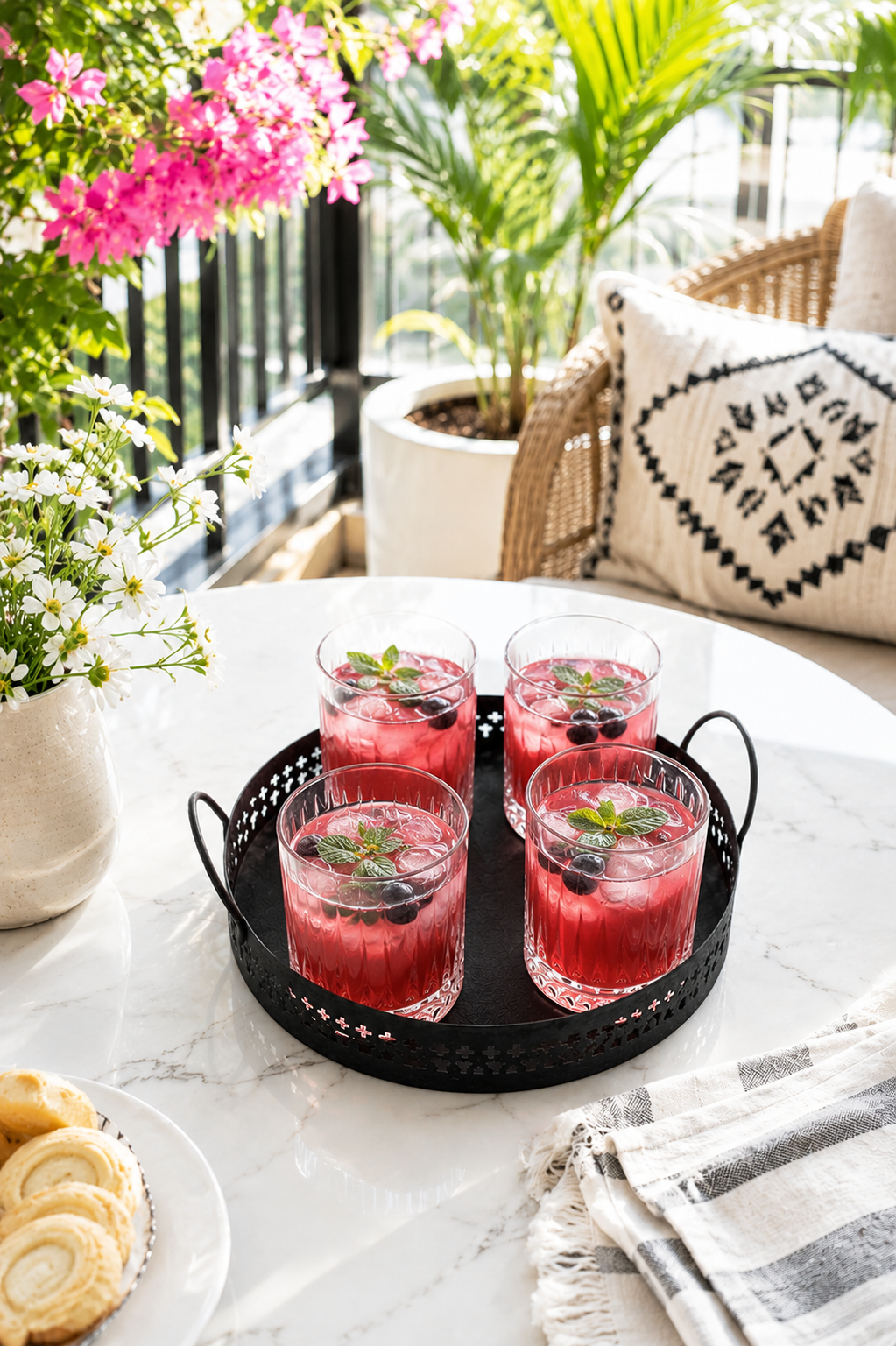 Premium Metal Serving Tray with 4 Crystal Glasses | Round Beverage Serving Set with Decorative Cutout Design & Side Handles | Tea, Juice, Water & Cocktail Glass Set for Home, Dining & Gifting