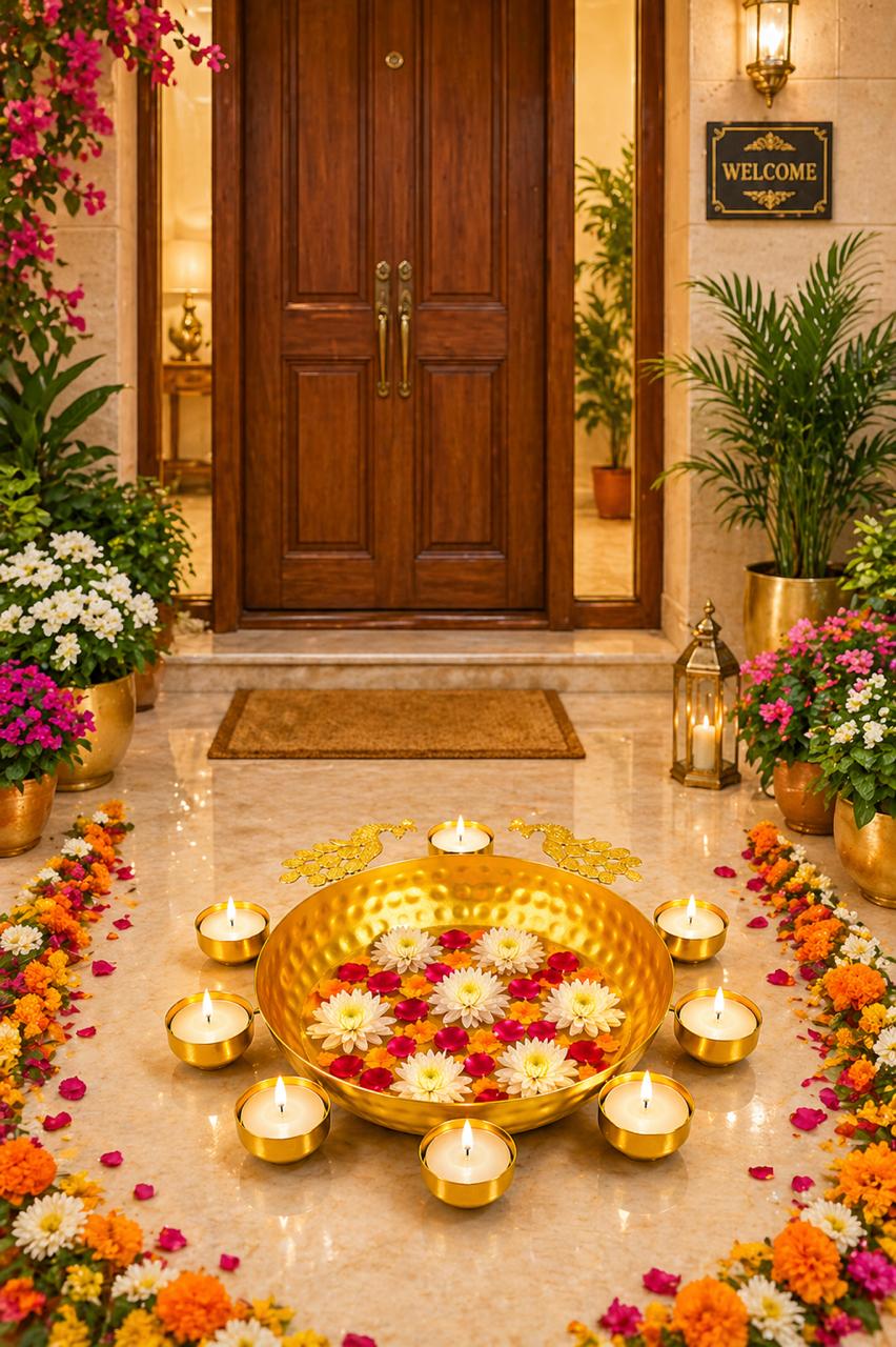 Premium Peacock Urli Bowl with 8 Tealight Holders | Decorative Metal Floating Flower Urli for Water, Candles & Tea Lights | Traditional Pooja Bowl for Diwali, Wedding, Home & Festive Decoration