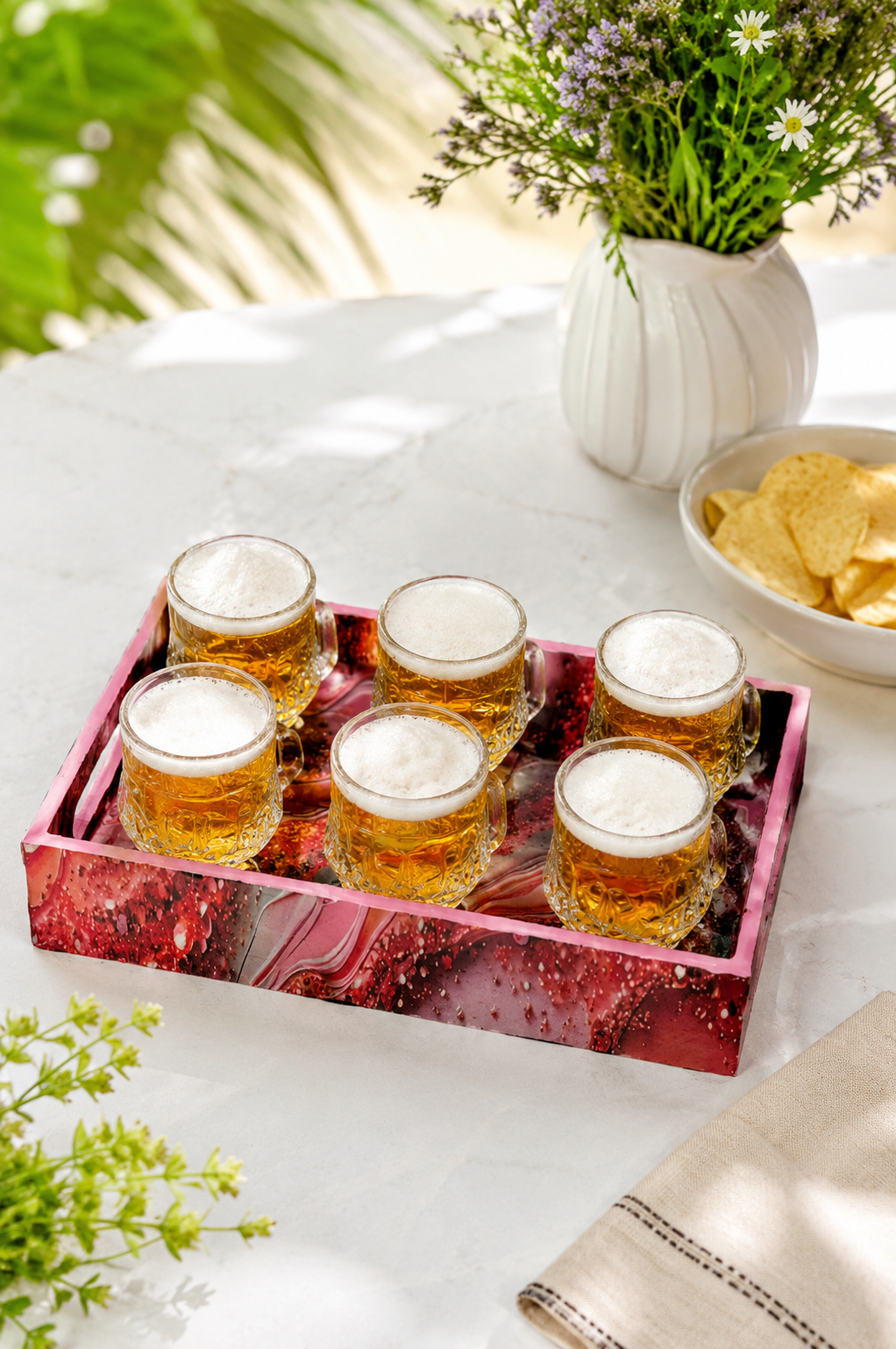Premium Designer Shot Glass Set with Resin Serving Tray | 6 Crystal Clear Heavy Base Shot Glasses for Whiskey, Vodka, Tequila, Rum, Liqueur & Espresso Shots | Elegant Barware Gift Set for Home Bar