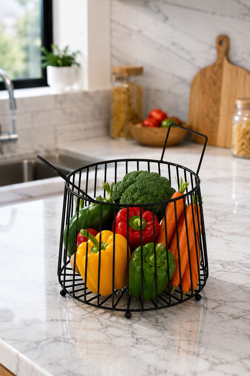 Modern Metal Fruit Basket | Round Wire Storage Basket with Handles | Decorative Kitchen & Dining Table Organizer