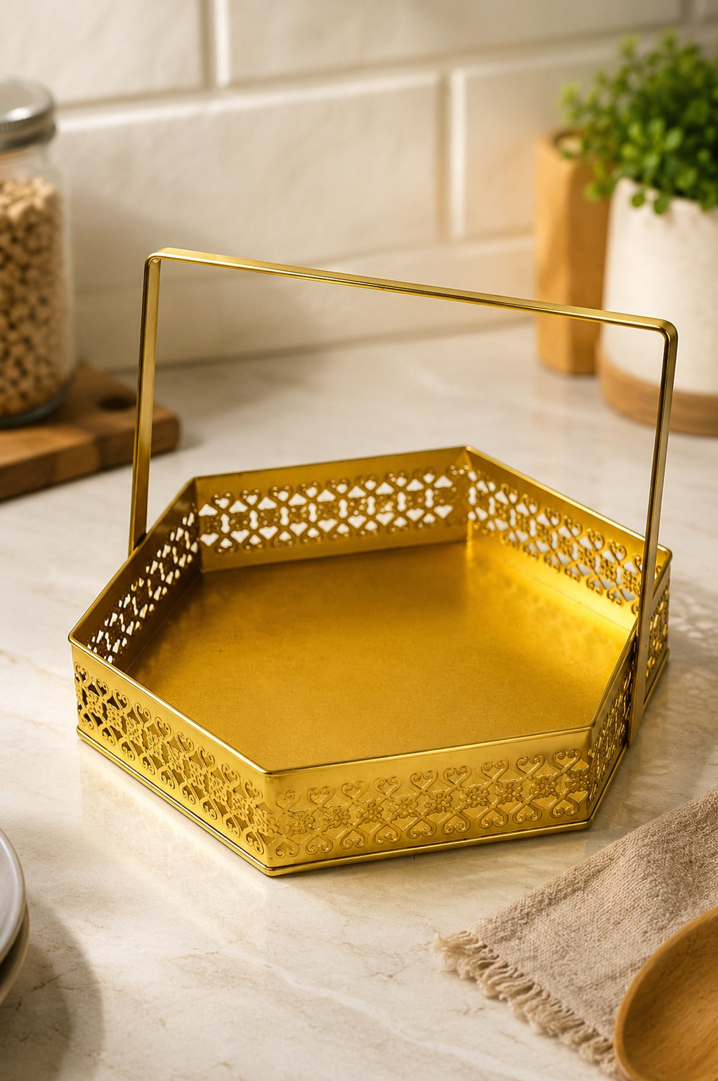 Premium Large Metal Hexagon Tray with Handle | Gold Decorative Serving Basket for Fruits, Snacks & Gift Hampers | Multipurpose Organizer Tray for Kitchen, Dining Table & Home Decor
