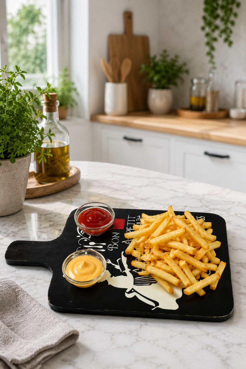 Premium MDF Serving Platter with Handle | Wooden Snack & Pizza Serving Board | Serving Tray with 2 Glass Dip Bowls | Cheese, Burger, Fries & Appetizer Platter | 44 x 25 cm
