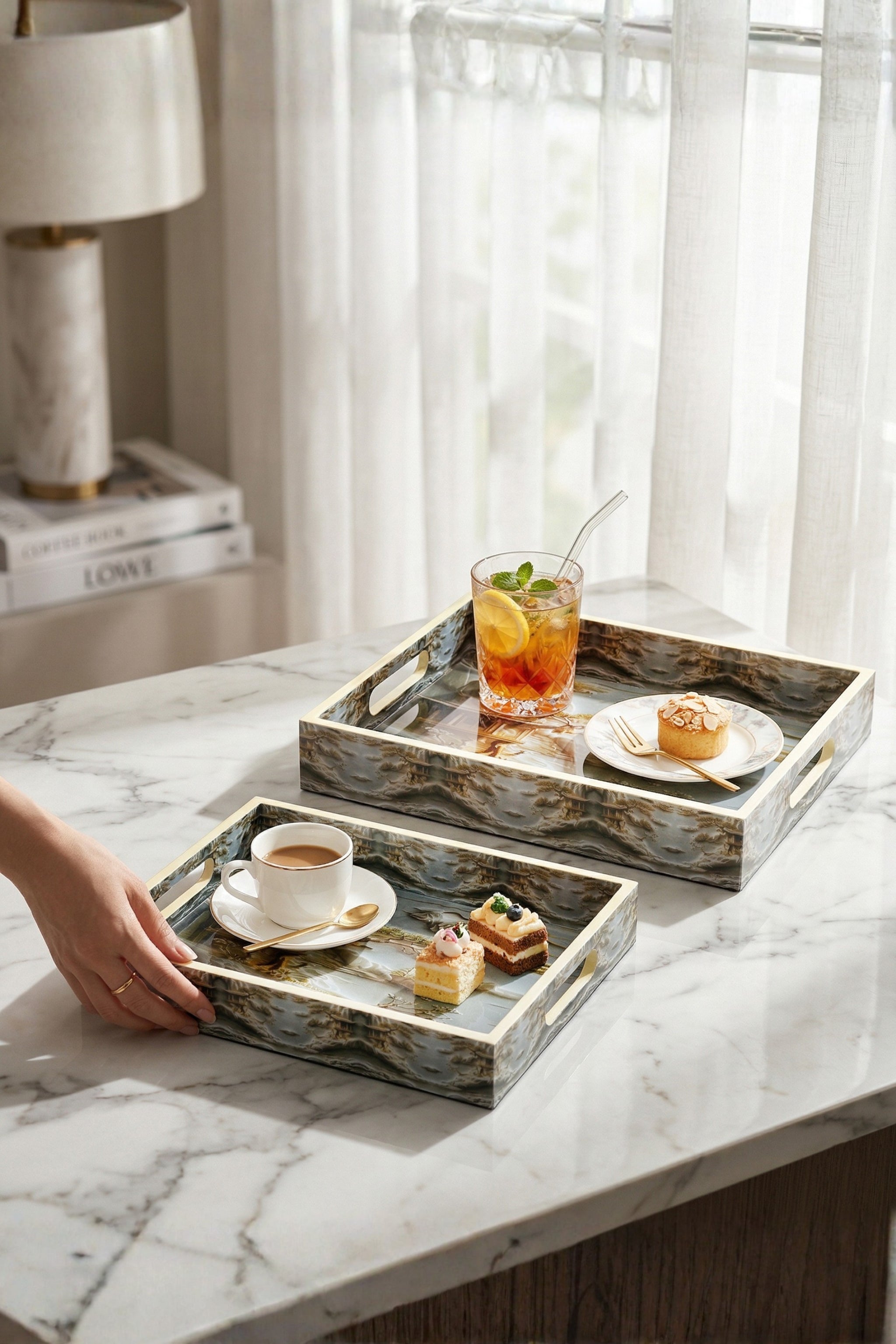 Premium Decorative Serving Tray Set of 2 with Gold Handles | Resin Art Wooden Serving Trays for Tea, Coffee, Snacks, Breakfast & Home Décor | Luxury Vanity, Ottoman & Coffee Table Organizer