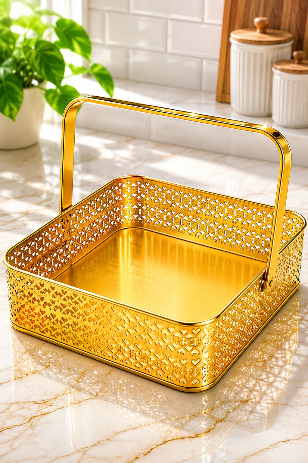 Premium Golden Metal Gift Basket with Handle | Large Decorative Storage Basket | Multipurpose Fruit Basket, Dry Fruit Hamper, Pooja Basket & Home Organizer