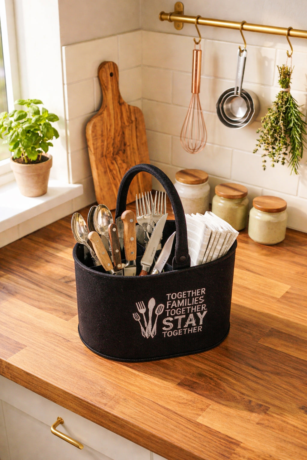 Premium Metal Cutlery Holder with Handle | 4 Compartment Utensil Caddy Basket Organizer | Portable Spoon, Fork, Knife & Napkin Stand for Kitchen, Dining Table & Home Storage