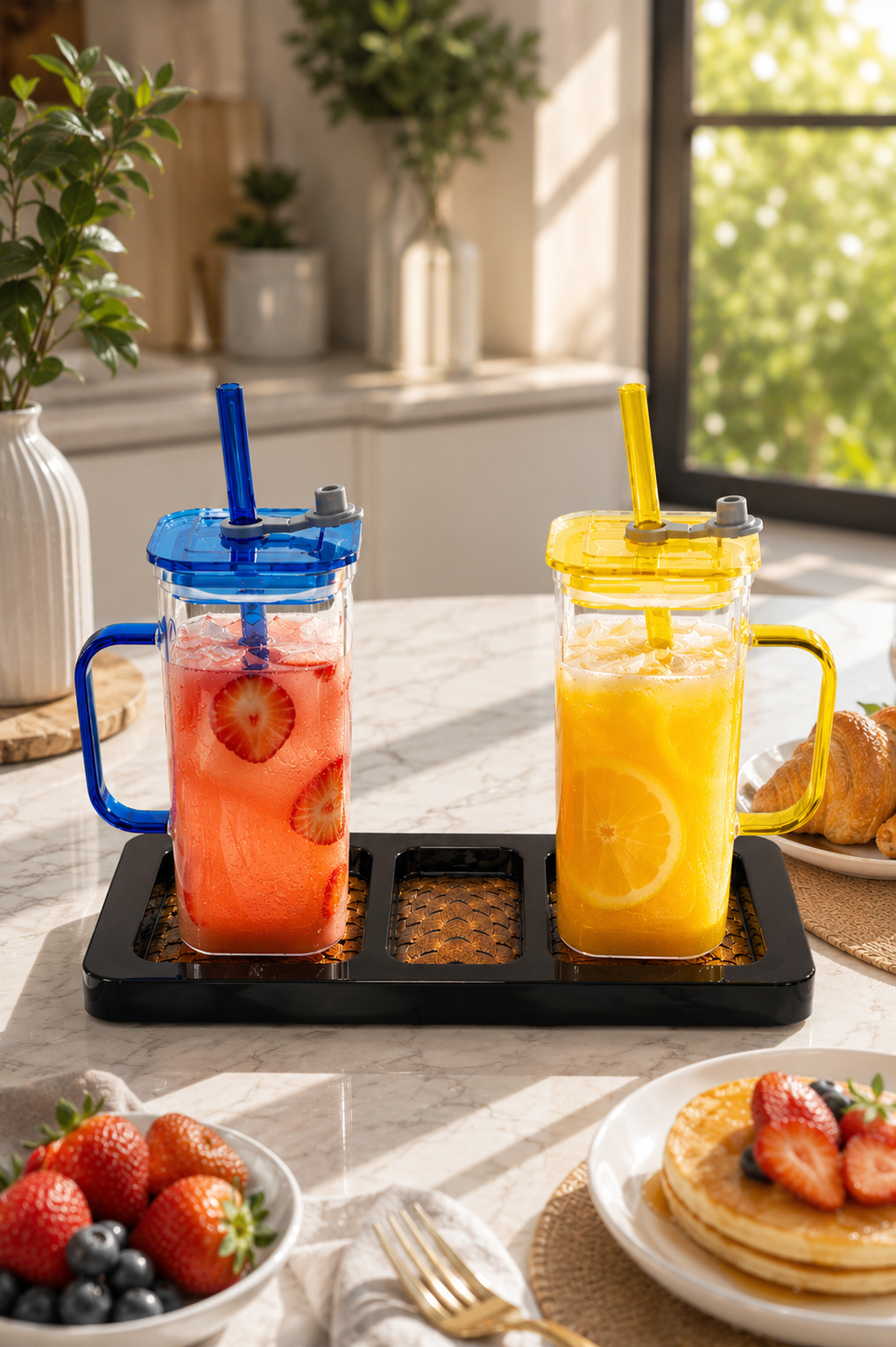 Double Wall Juice Glass Set Of 2 With Lid & Straw With MDF Serving Tray | Square Transparent Drink Glasses For Juice Water Cold Coffee Smoothies