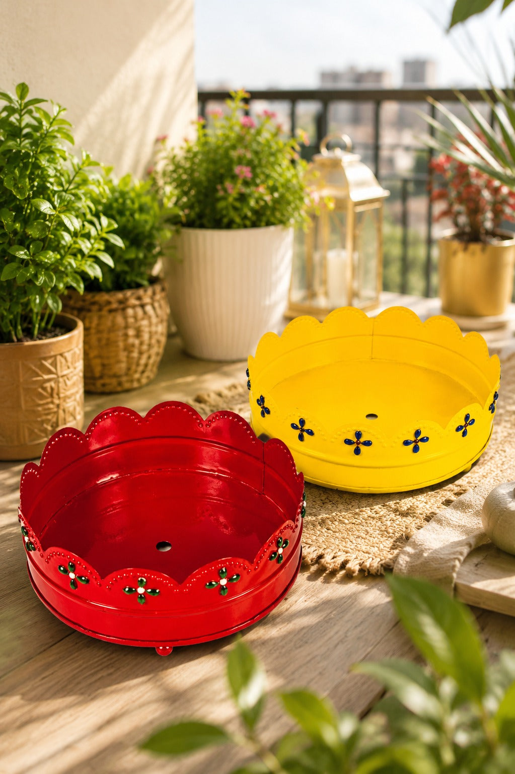 Premium Decorative Metal Tray Set of 2 | Round Multipurpose Gift Hamper Basket | Red & Yellow Floral Serving Trays | Fruit, Dry Fruit, Pooja & Home Decor Tray