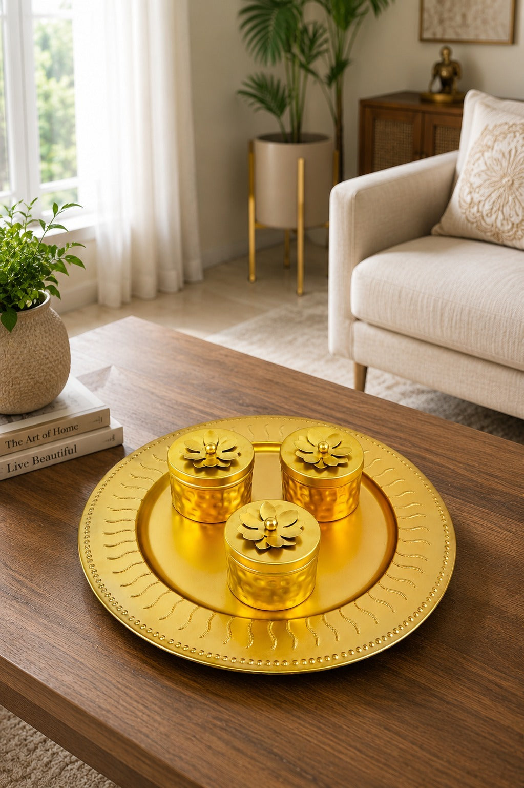 Premium All Metal Serving Tray Set with 3 Floral Containers | Decorative Dry Fruit, Sweet & Mukhwas Platter | Luxury Gold Pooja, Festive Gift Hamper & Home Décor Serving Set