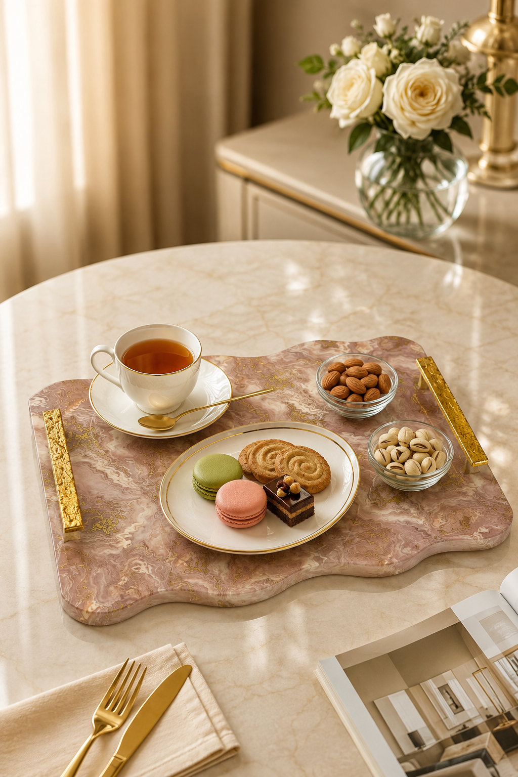 Premium Marble Design MDF Serving Tray with 2 Glass Bowls & Gold Handles | Decorative Multipurpose Serving Platter | Luxury Tea, Coffee, Snacks & Dry Fruit Serving Tray