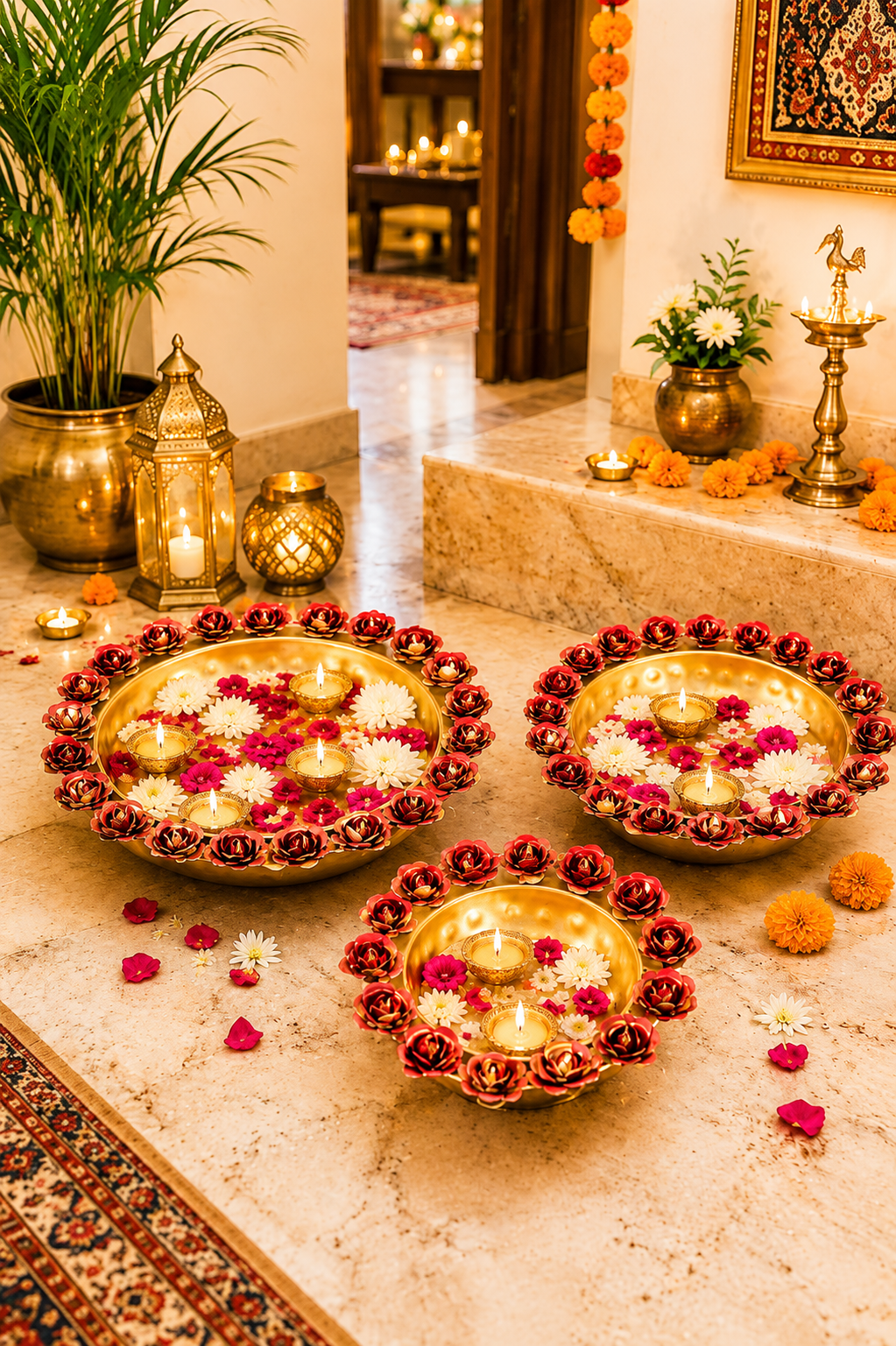 Premium Decorative Urli Bowl Set of 3 with Rose Rim Design | Hammered Metal Floating Flower Bowls for Water, Candles & Tea Lights | Diwali, Pooja, Wedding, Festival & Home Décor Centerpiece