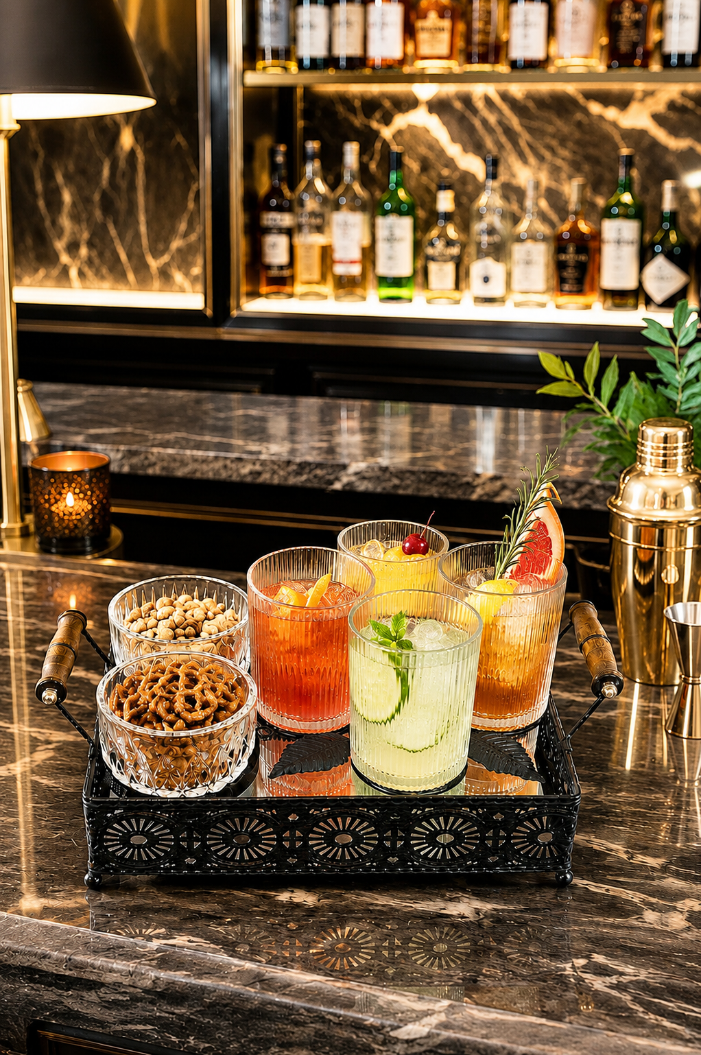 Premium Metal Serving Tray Set with 4 Glasses & 2 Crystal Bowls | Decorative Beverage & Snack Serving Set with Wooden Handles | Tea, Coffee, Juice, Dry Fruit & Party Serving Tray for Home