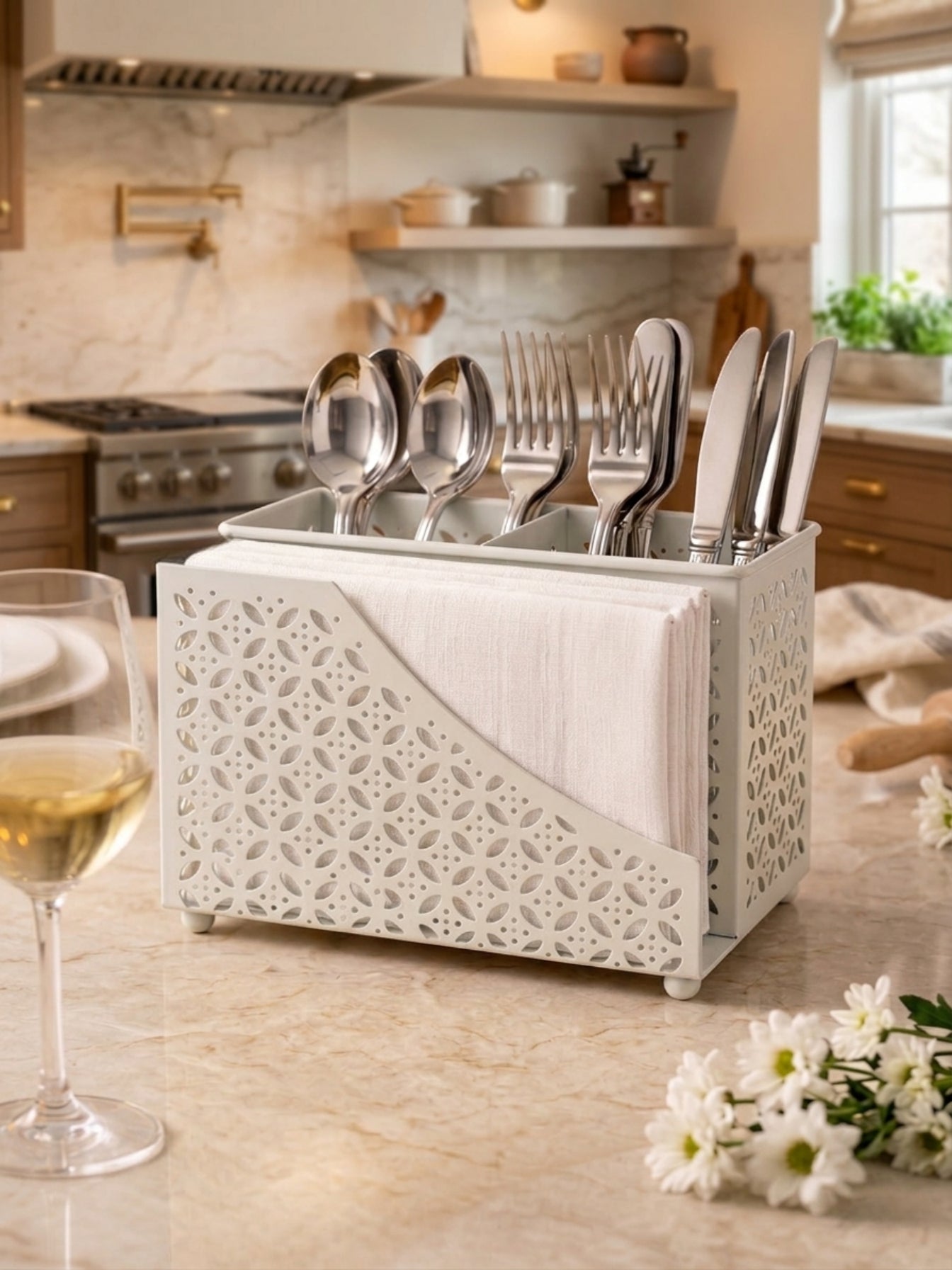 Premium 2-in-1 Cutlery & Napkin Holder | Elegant Cream Metal Organizer with Laser Cut Floral Design | Tabletop Storage for Spoons, Forks, Knives & Tissue | Kitchen & Dining Decor