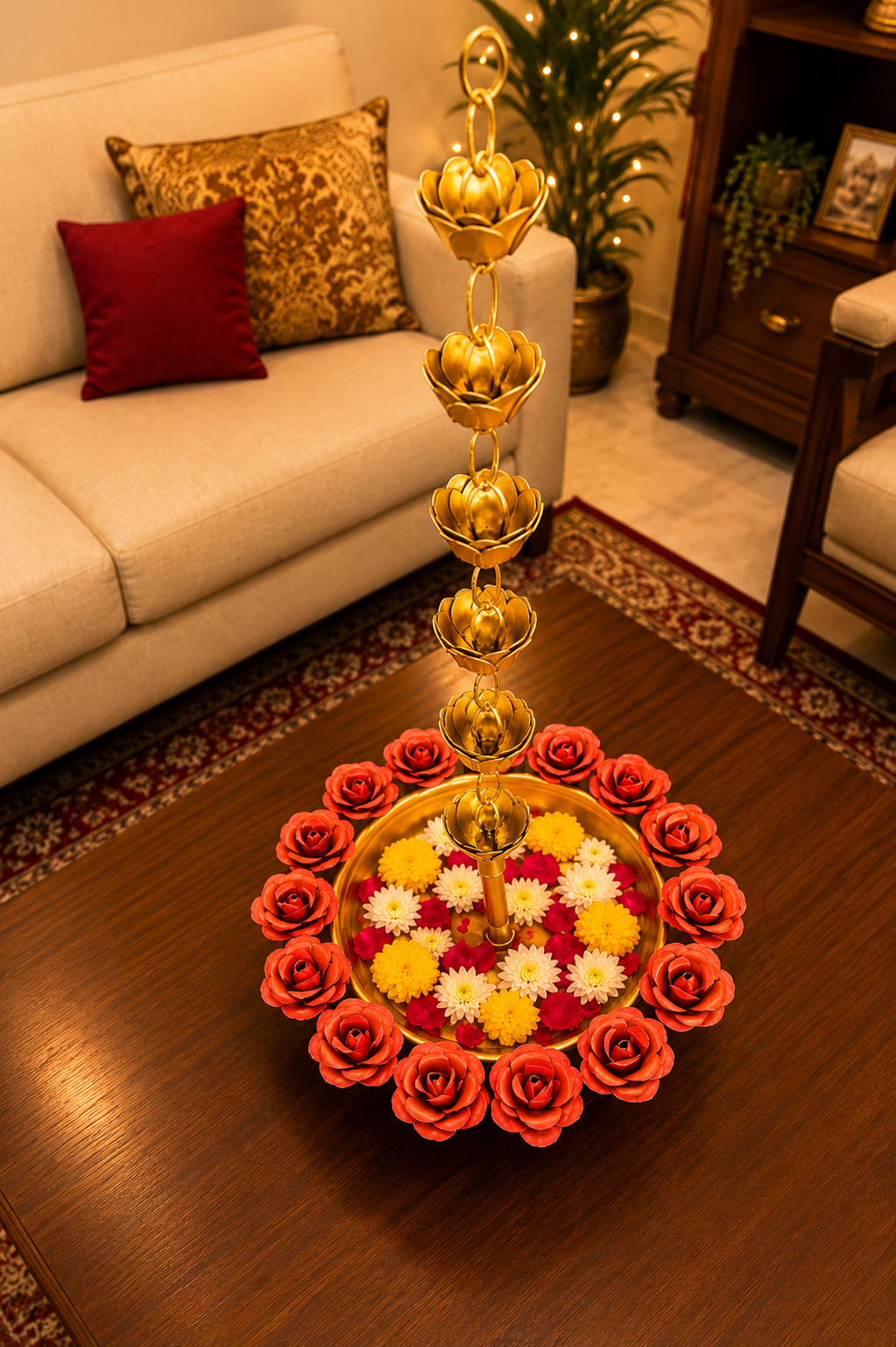 Premium Hanging Lotus Urli Bowl with Rose Rim Design | Decorative Metal Floating Flower Bowl with Lotus Chain | Hanging Urli for Water, Candles, Tea Lights, Diwali, Pooja, Wedding & Home Décor