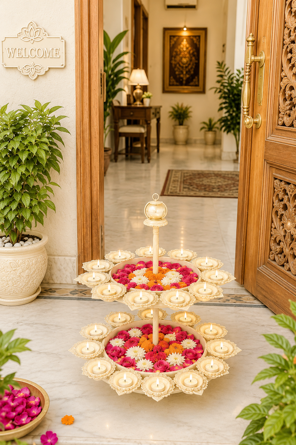 Premium Dual Layer Urli Bowl with 24 Tea Light Holders | Decorative Metal Floating Flower Stand | Antique Gold & Ivory Finish for Diwali, Pooja, Weddings, Festivals & Home Décor