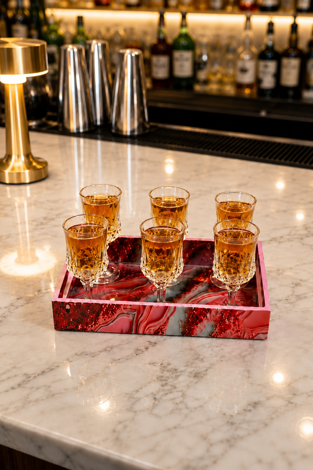 Premium Shot Glass Set Of 6 With MDF Resin Tray | Clear Designer Liqueur Glasses For Vodka, Whiskey, Tequila & Cocktails | Barware Set For Home & Parties