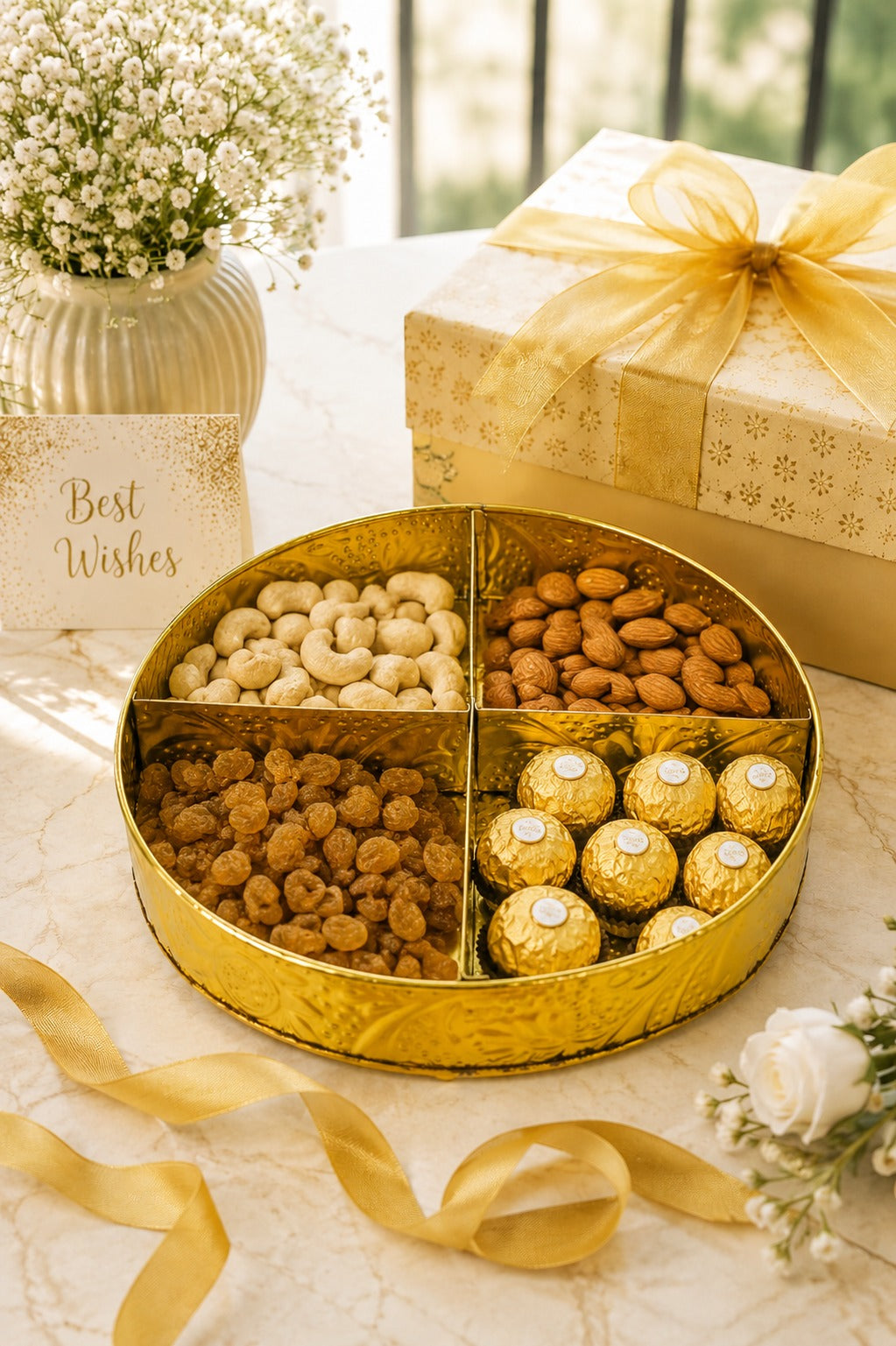 Premium Brass Dry Fruit Serving Tray with 4 Compartments | Round Brass Snack Platter | Dry Fruit, Namkeen, Candy & Mukhwas Organizer | Decorative Serving Tray | Festive Gift