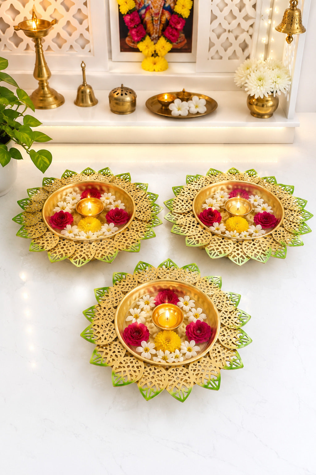 Decorative Lotus Metal Urli Bowl Set for Floating Flowers & Candles | Designer Festival & Home Decor (Set of 3, Green & Gold)
