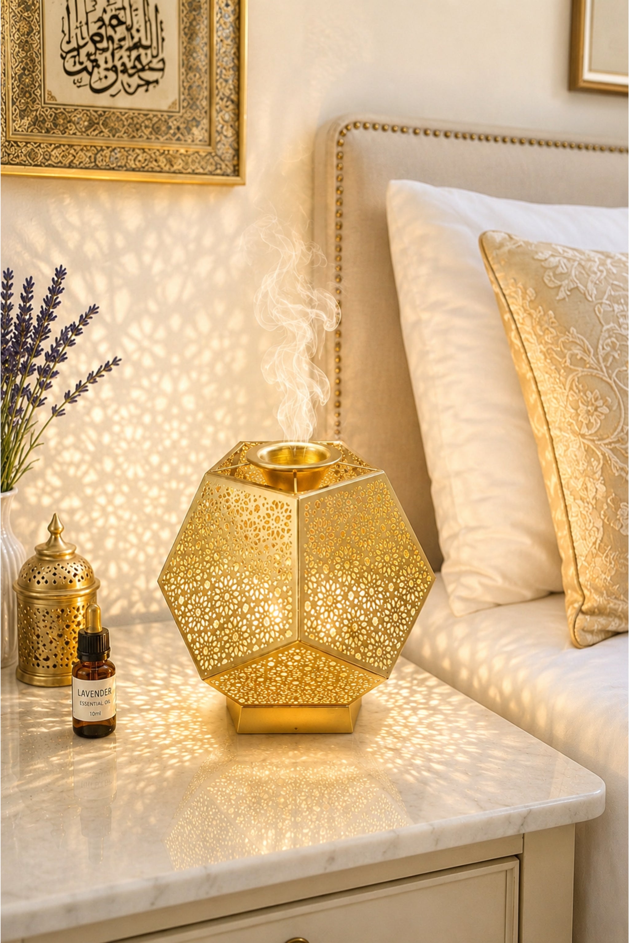 Golden Metal Electric Aroma Diffuser Lamp with Laser Cut Shadow Design | Essential Oil Burner with Warm Light for Home Décor, Bedroom, Spa, Diwali Gifting & Relaxation