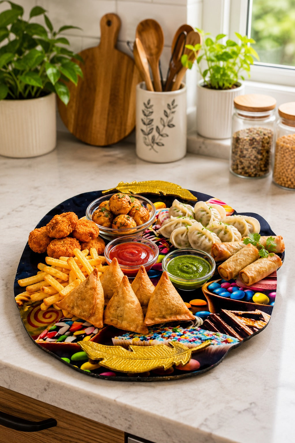 Premium MDF Snack Serving Platter with 2 Glass Dip Bowls | Decorative Serving Tray with Gold Feather Handles | Multipurpose Food Serving Board for Samosa, Momos, Fries, Nachos, Pizza & Snacks