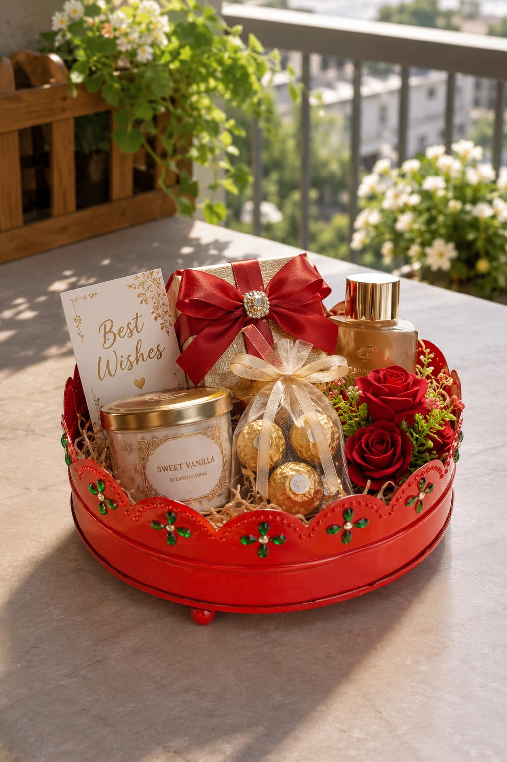 Premium Decorative Metal Gift Tray (Red) | Round Red Multipurpose Hamper Basket | Floral Cutwork Serving Tray | Fruit, Dry Fruit, Gift Packing & Home Decor Tray | 16 cm