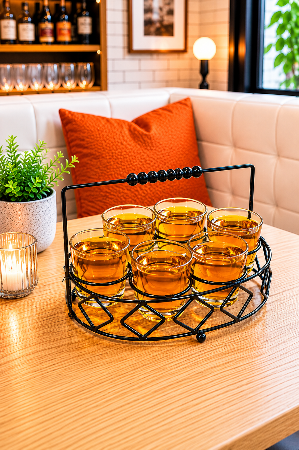 Premium Shot Glass Set of 6 with Metal Stand | 40ml Mini Whisky Vodka Tequila Glasses with Wooden Handle Carrier | Dhaba Style Serving Set for Home Bar & Parties