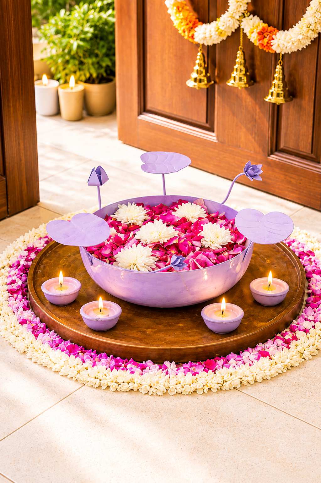 Galvanized Metal Urli Bowl for Floating Flowers & Candles | Decorative Urli with Lotus Stems for Home & Festival Decor (Lavender)