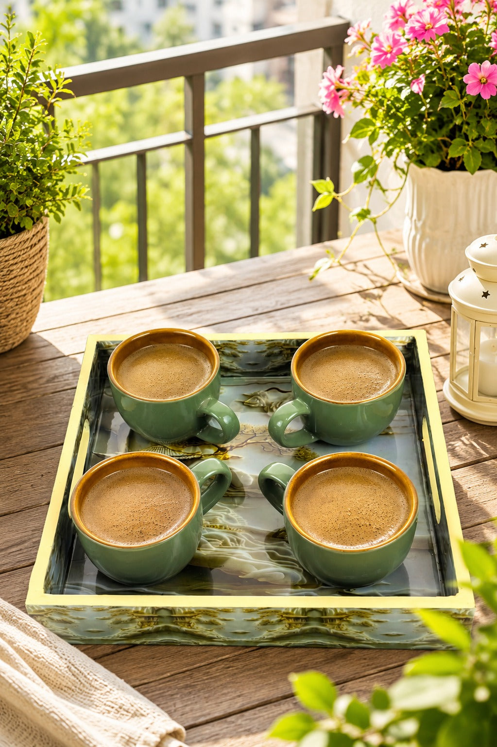 Set of 4 Ceramic Tea & Coffee Cups with Designer Serving Tray | Sage Green Coffee Mug Set | Premium Ceramic Cups for Home Kitchen & Gifting