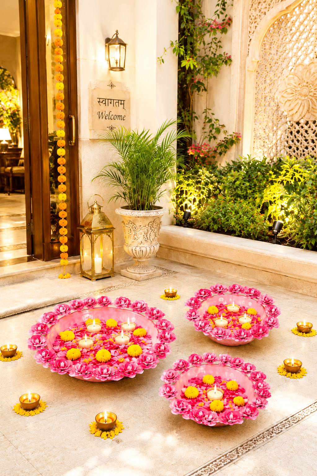 Decorative Metal Urli Bowl Set with Rose Border | Floating Flower & Candle Urli for Home & Festival Decor (Set of 3, Pink)