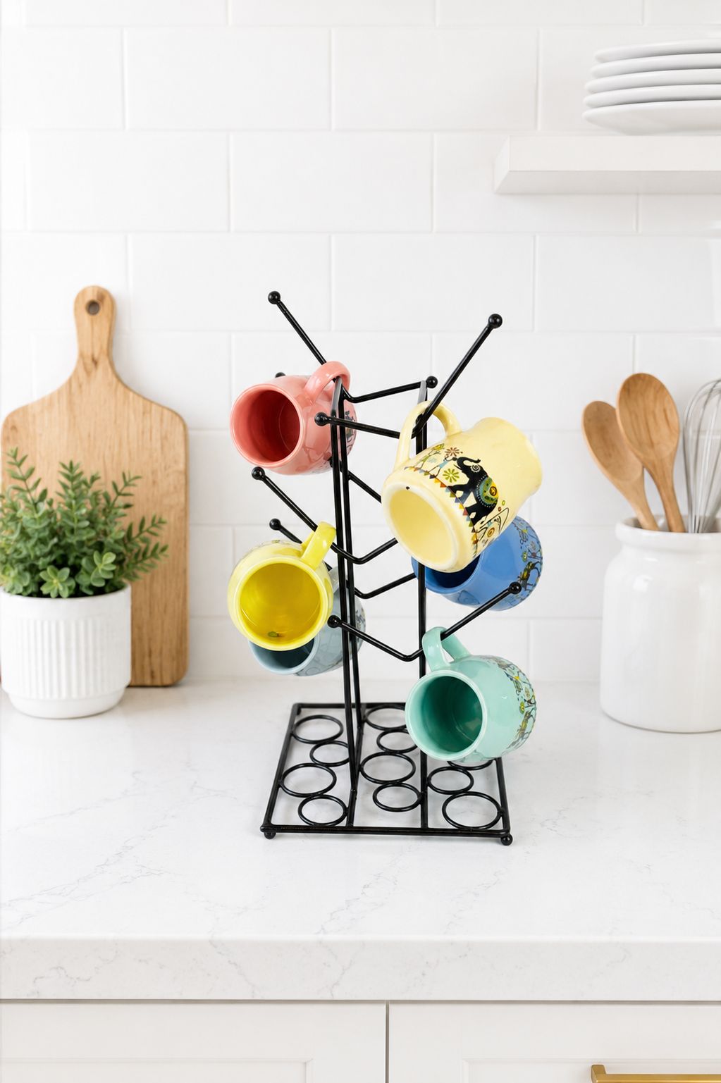 Printed Ceramic Coffee Mug Set Of 6 With Metal Stand | Designer Tea & Coffee Cups With Holder For Home, Kitchen, Office & Gifting