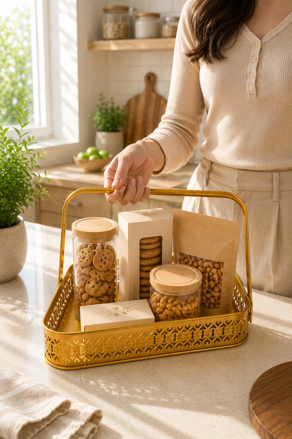 Premium Triangle Metal Basket with Handle (Large) | Decorative Gold Serving Basket | Gift Hamper Basket | Dry Fruit, Snacks & Organizer Tray | Metal Storage Basket for Home Décor