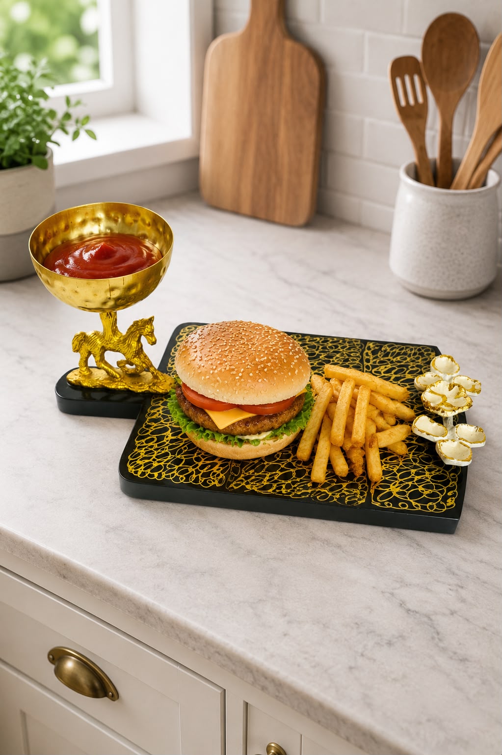 Premium MDF Serving Platter with Golden Horse Dip Bowl | Decorative Snack Serving Board | Burger, Fries, Pizza & Appetizer Serving Tray | Luxury Food Serving Platter | Black & Gold