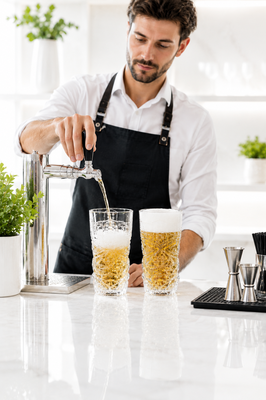 Premium Beer Glass Set with Decorative MDF Serving Tray | 2 Crystal Clear Tall Beer Glasses with Marble Finish Tray | Heavy Drinking Glasses for Beer, Juice, Soft Drinks & Home Bar Gift Set