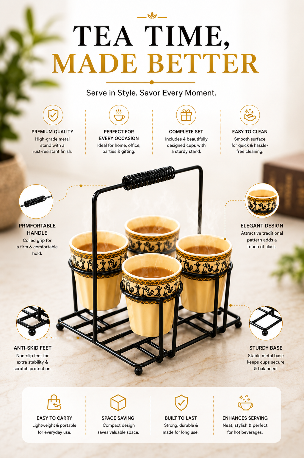 Set of 4 Ceramic Tea Cups with Metal Stand | Traditional Printed Kulhad Style Cups with Portable Holder | Tea Coffee Serving Set for Home Kitchen & Gifting