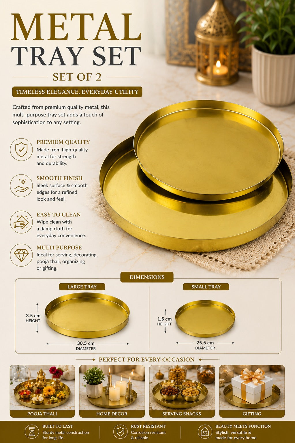 Premium Brass Metal Tray Set of 2 | Round Multipurpose Serving, Pooja & Decorative Trays | Large & Small Brass Finish Trays for Kitchen, Home Décor & Gifting