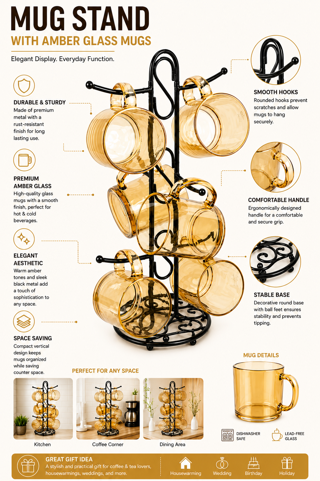 Premium Amber Glass Cup Set with Metal Stand | 6 Pcs Transparent Tea & Coffee Cups (300 ml) | Elegant Glassware with Space-Saving Holder | Durable Designer Drinkware for Home, Kitchen & Gifting