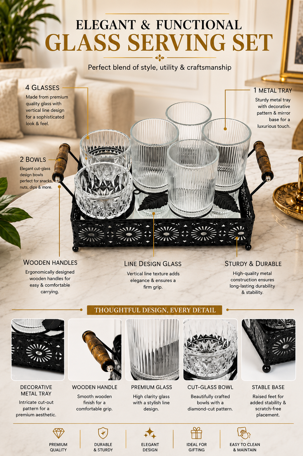 Premium Metal Serving Tray Set with 4 Glasses & 2 Crystal Bowls | Decorative Beverage & Snack Serving Set with Wooden Handles | Tea, Coffee, Juice, Dry Fruit & Party Serving Tray for Home