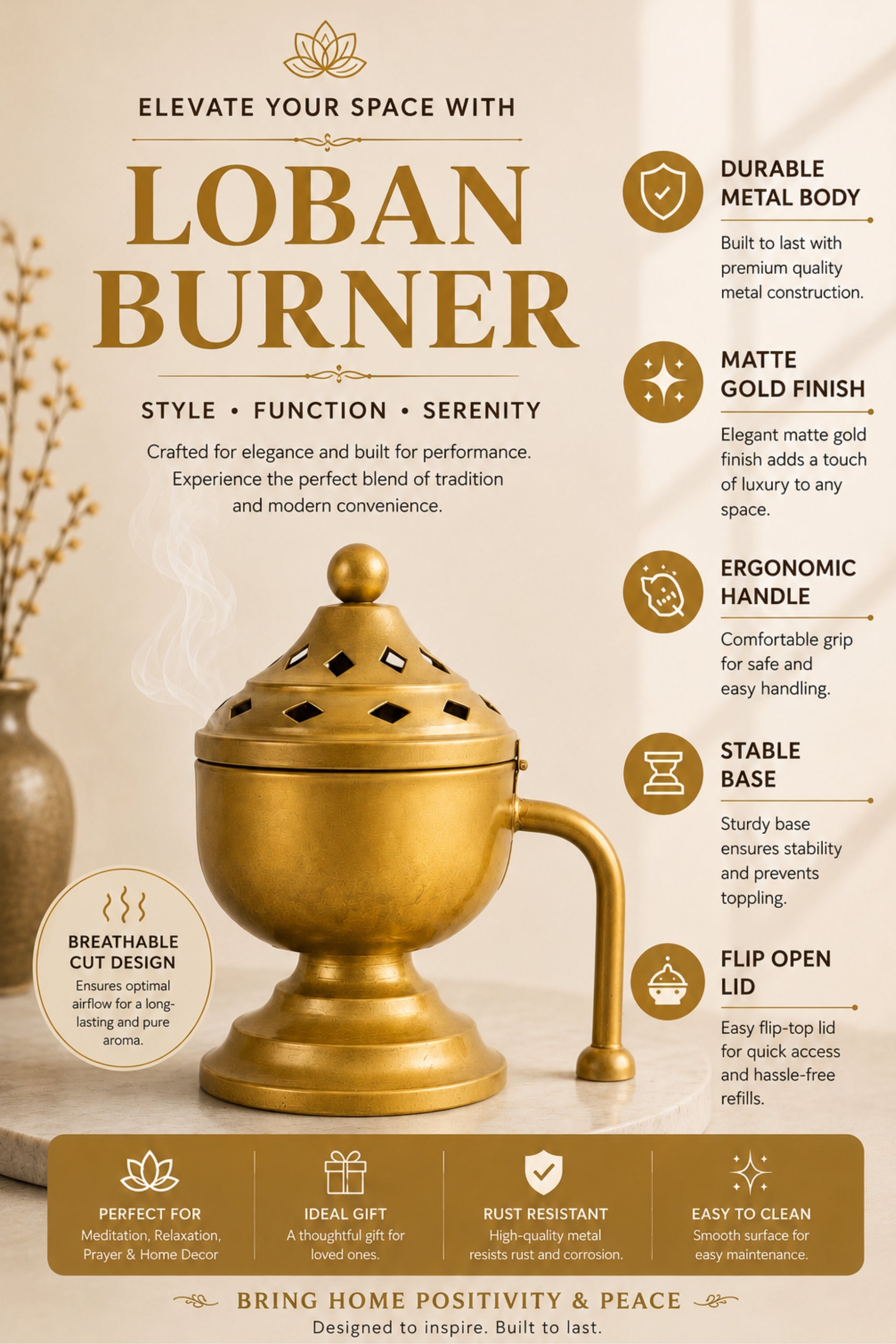 Brass Finish Metal Dhoop Dani with Wooden Handle & Lid for Pooja, Loban & Sambrani Burning | Covered Incense Burner for Home Temple, Havan, Vastu & Premium Festive Gift Item