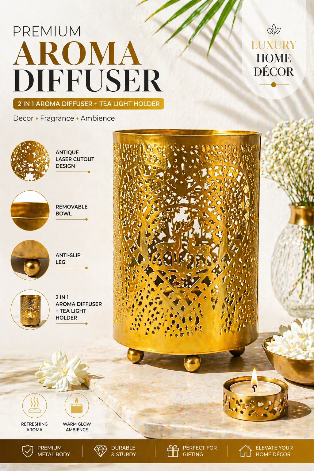Premium Gold Metal Aroma Oil Burner Set with Tea Light Candles & Essential Oil | Designer Cutwork Candle Diffuser | Warm Ambient Fragrance Burner | Elegant Home Décor & Gifting Combo