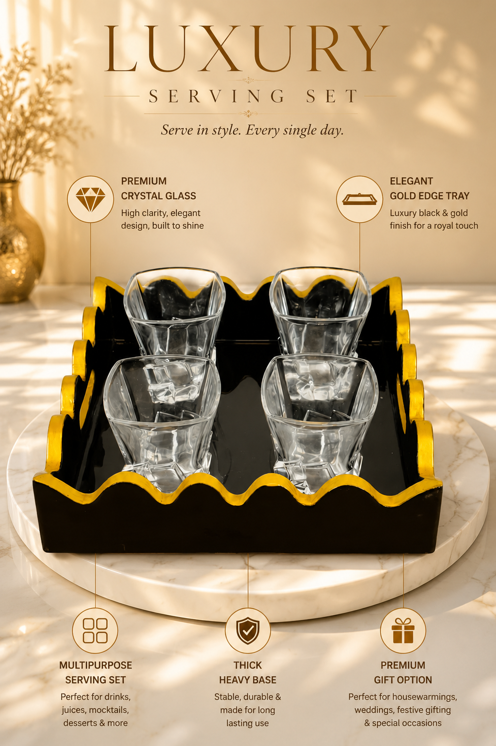 Premium Square Crystal Glass Set with Decorative MDF Serving Tray | 4 Heavy Base Drinking Glasses with Luxury Black & Gold Tray | Whisky, Juice, Water, Cocktails & Gift Set for Home Bar
