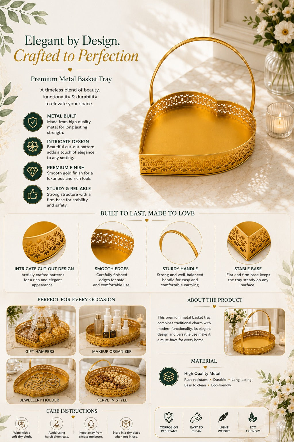 Premium Medium Heart-Shaped Metal Gift Hamper Basket with Handle | Decorative Gold Serving Tray for Dry Fruits, Chocolates & Gift Packaging | Multipurpose Organizer for Home Décor, Weddings & Festive Gifting