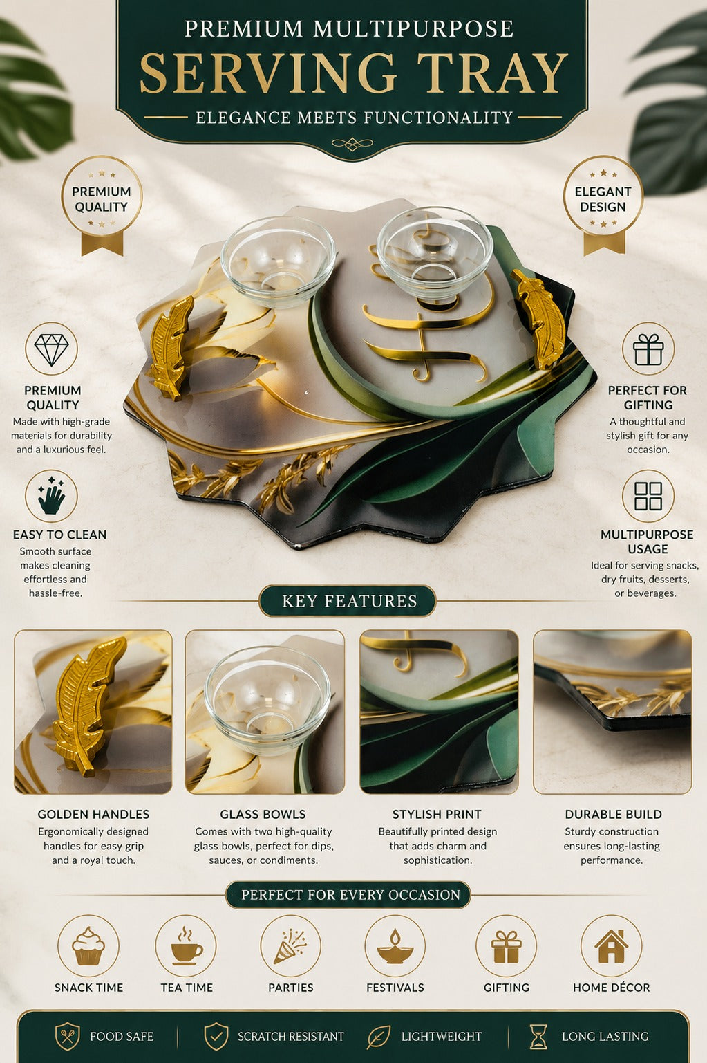 Premium Multipurpose Serving Tray with 2 Glass Bowls & Gold Handles | Decorative MDF Snack Serving Platter | Printed Serving Board for Snacks, Dry Fruits, Desserts & Tea Time