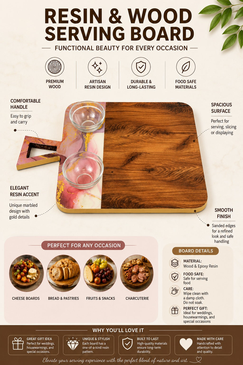 Premium Resin & Wood Serving Board with 2 Glass Bowls | MDF Cheese Board & Charcuterie Serving Platter | Multipurpose Snack, Bread, Fruit & Appetizer Serving Tray